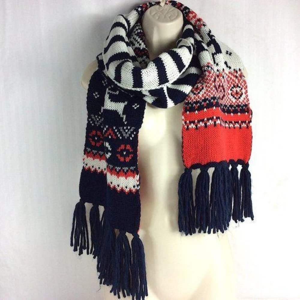 4/$25 Reversible‎ Scarf Knit Fringe Reindeer Blue Red White Neck Wrap 70"X9"